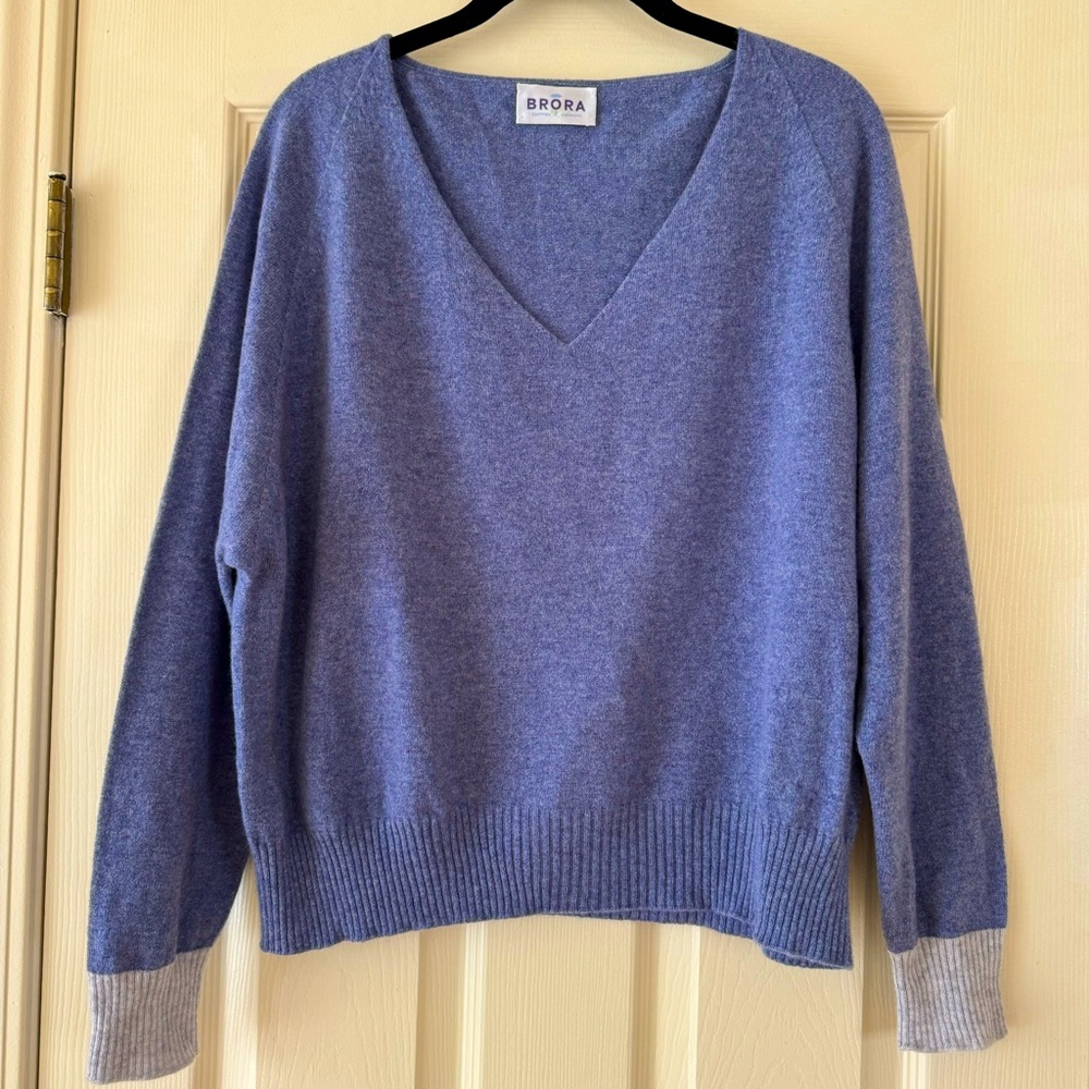 BRORA 100% Scottish Cashmere Slouchy V Neck Jumper in Iris and Peal …